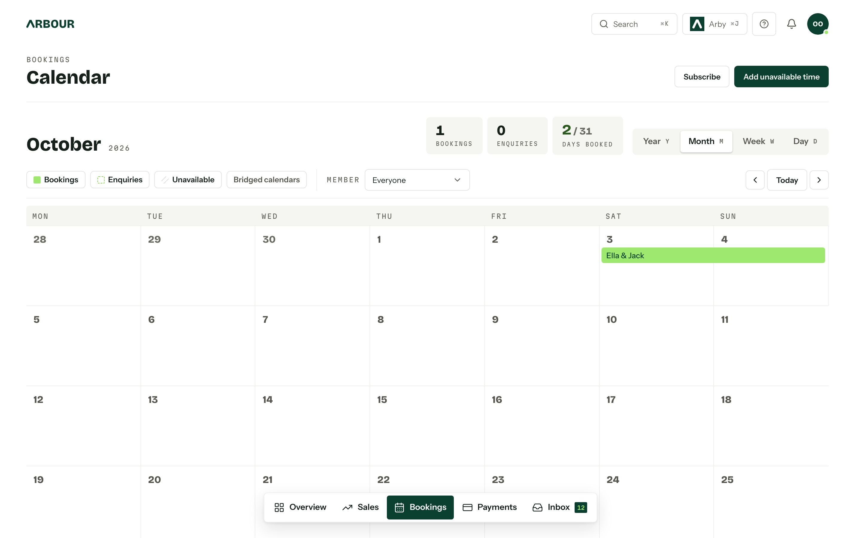 The October 2026 calendar opening Ella & Jack’s booking details, then switching between month and year views.